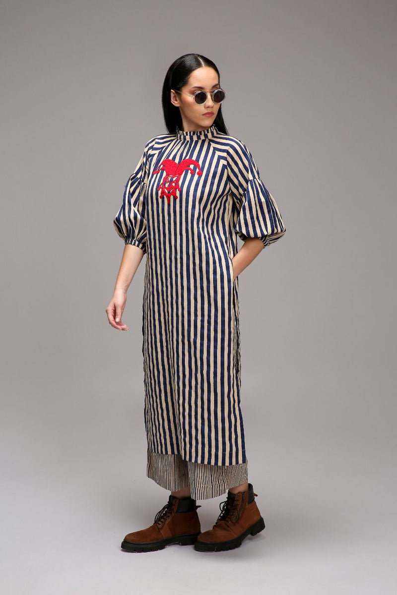 Egg-Shell Blue Striped Big Joker Tunic cotton by Mati in white color for women Worldwide