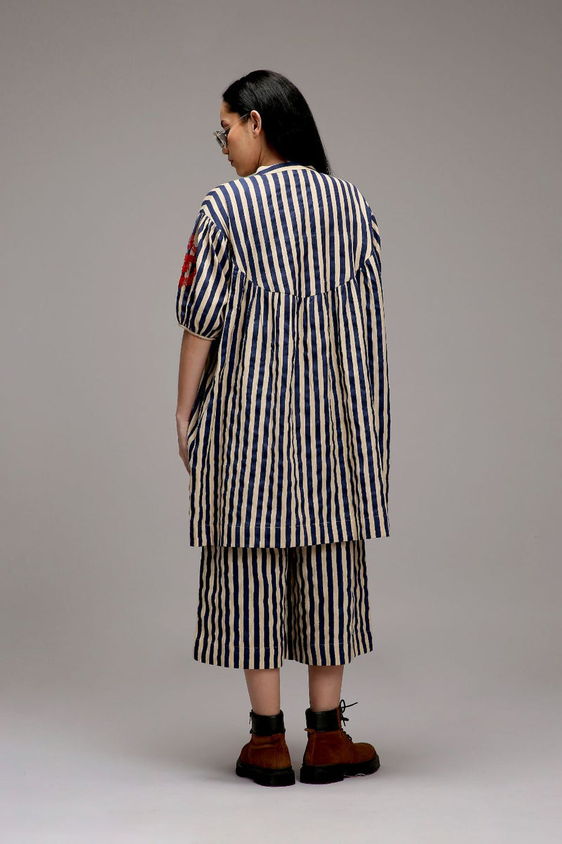Egg-Shell Blue Striped Short Acra Tunic cotton by Mati in white color for women Worldwide