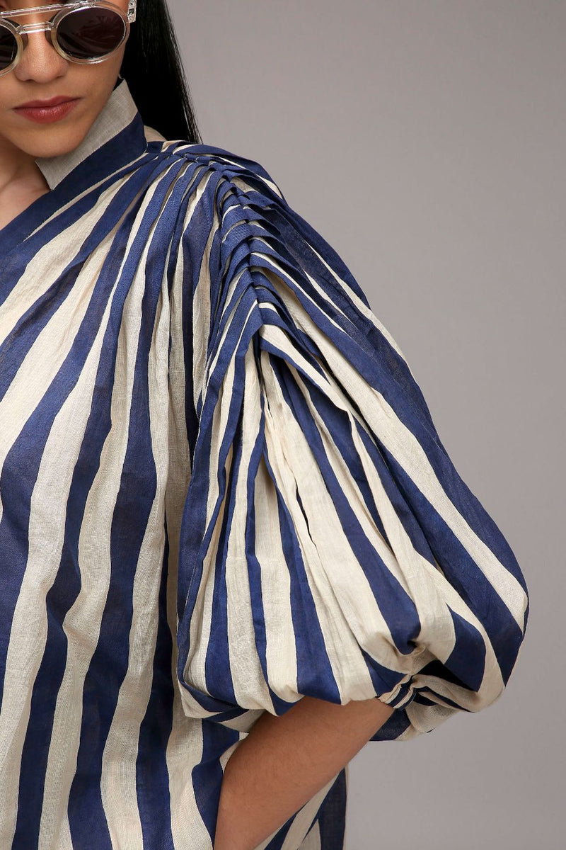 Egg-Shell Blue Striped Baha Tunic Set (2 PCS) cotton by Mati in white color for women Worldwide