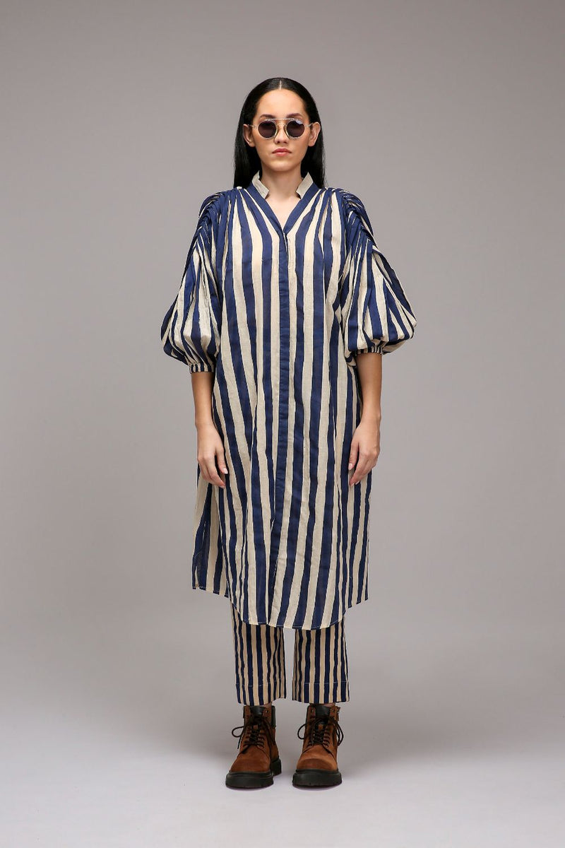 Egg-Shell Blue Striped Baha Tunic cotton by Mati in white color for women Worldwide