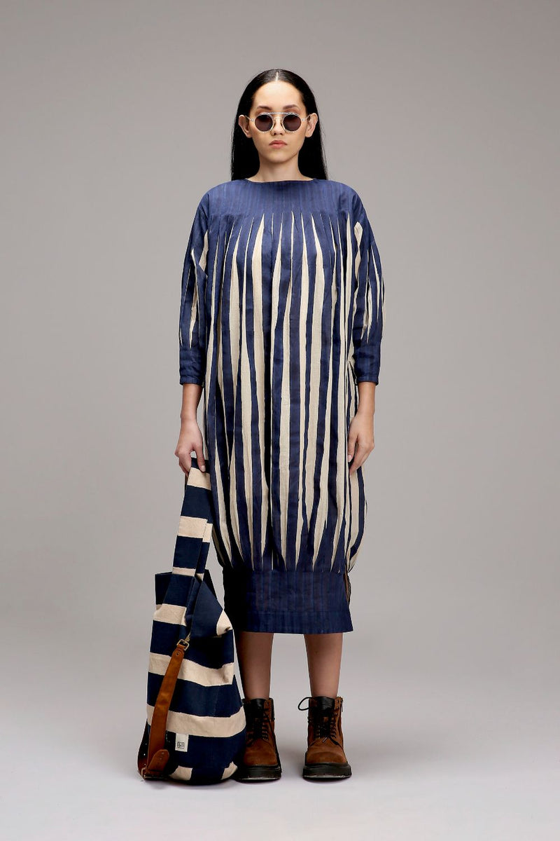 Egg-Shell Blue Striped Balloon Dress cotton by Mati in white color for women Worldwide