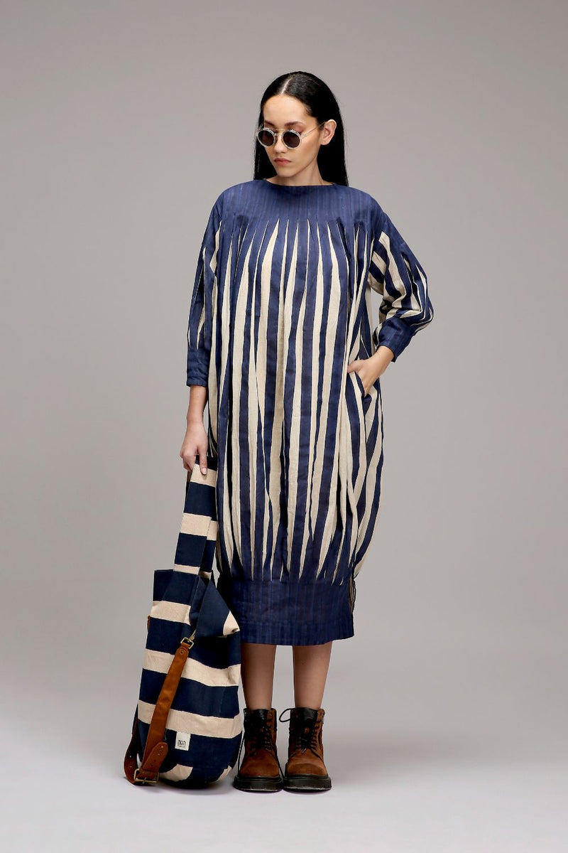 Egg-Shell Blue Striped Balloon Dress cotton by Mati in white color for women Worldwide