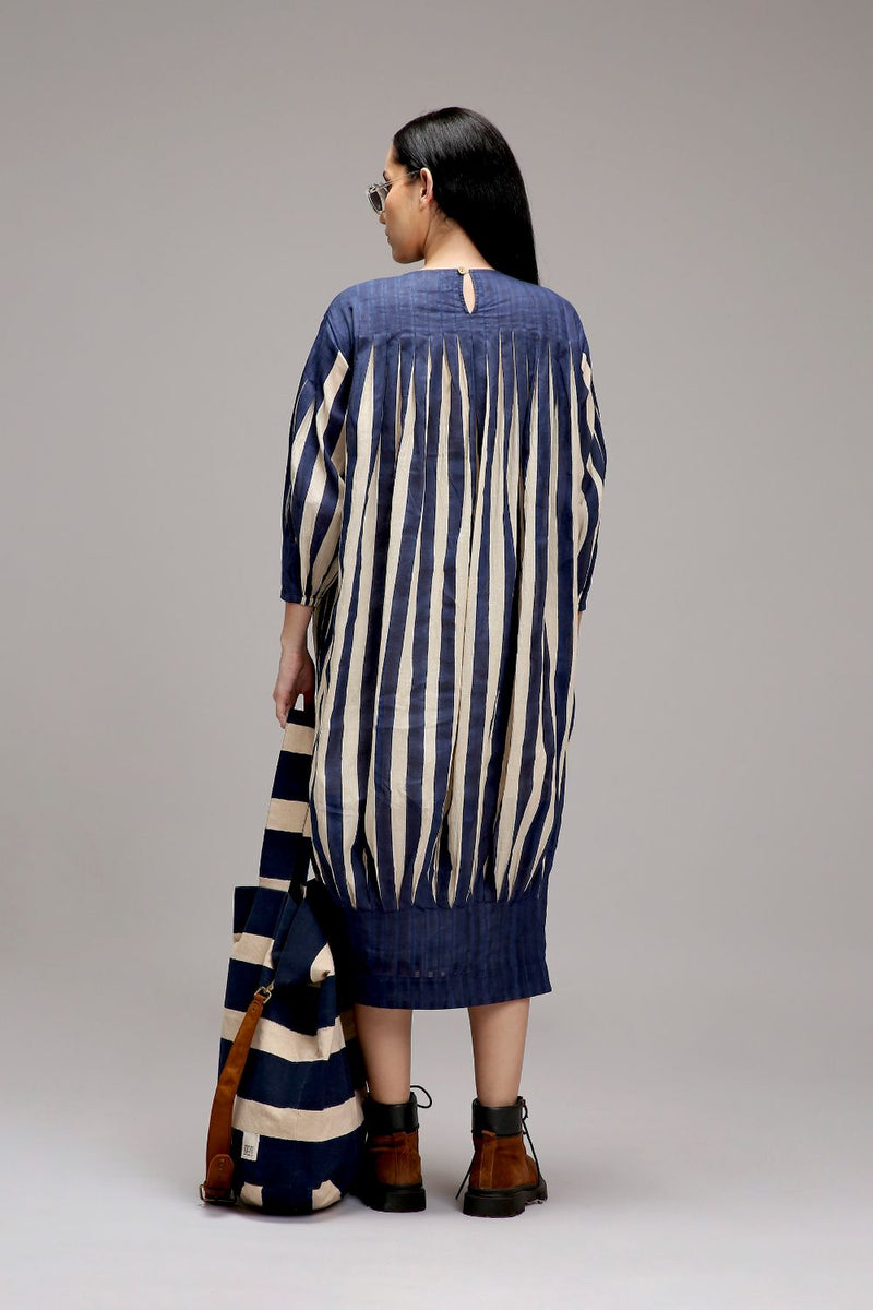 Egg-Shell Blue Striped Balloon Dress cotton by Mati in white color for women Worldwide