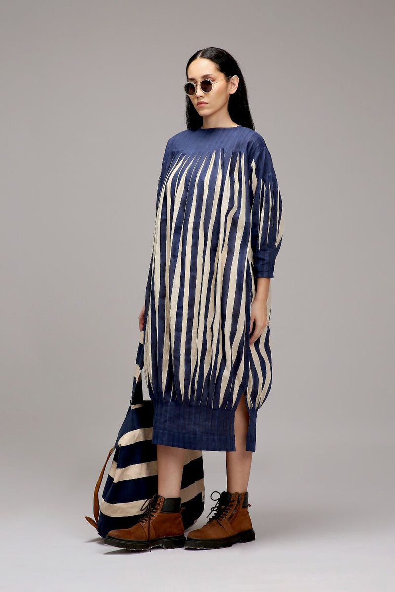 Egg-Shell Blue Striped Balloon Dress cotton by Mati in white color for women Worldwide