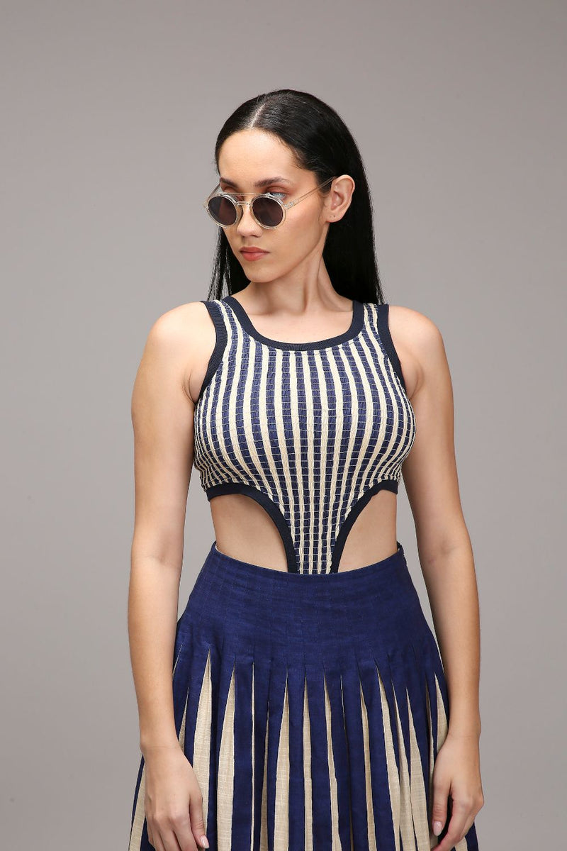 Egg-Shell Blue Striped Bodysuit cotton by Mati in white color for women Worldwide