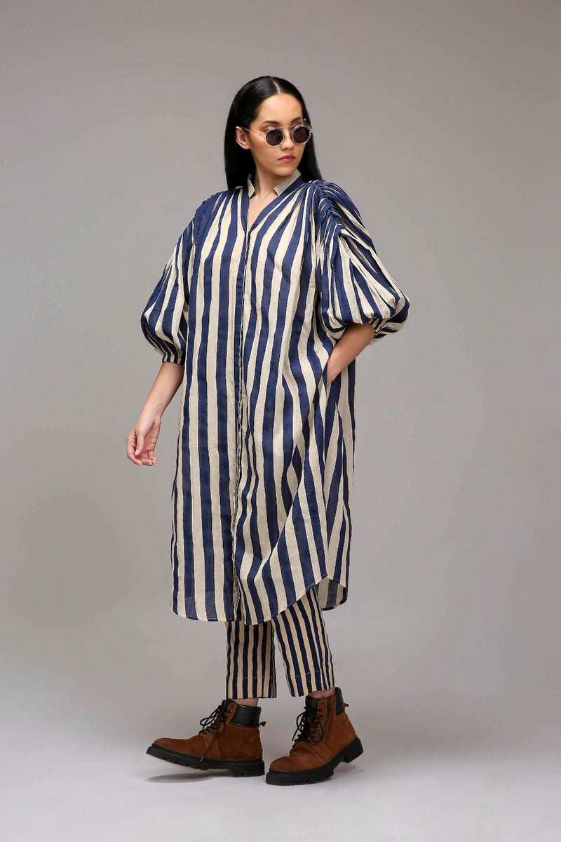 Egg-Shell Blue Striped SE Pant cotton by Mati in white color for women Worldwide
