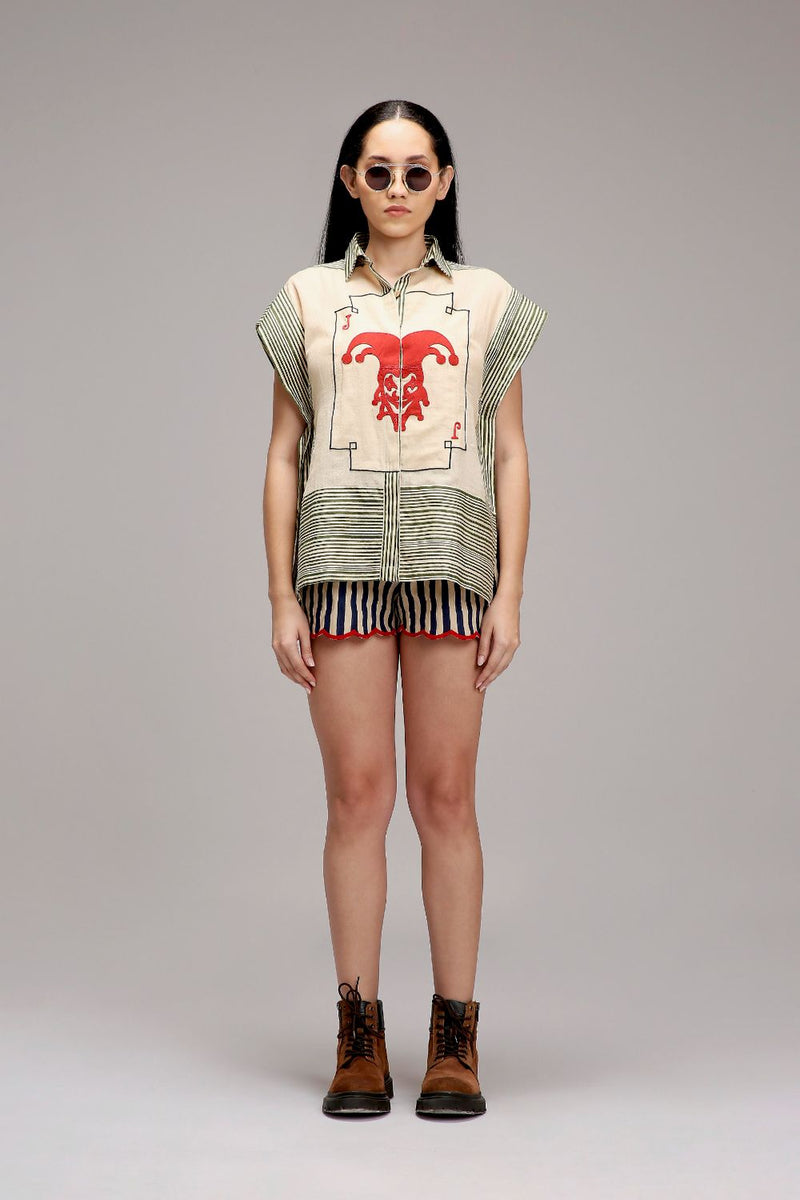Egg-Shell Blue Striped Scallop Shorts cotton by Mati in white color for women Worldwide