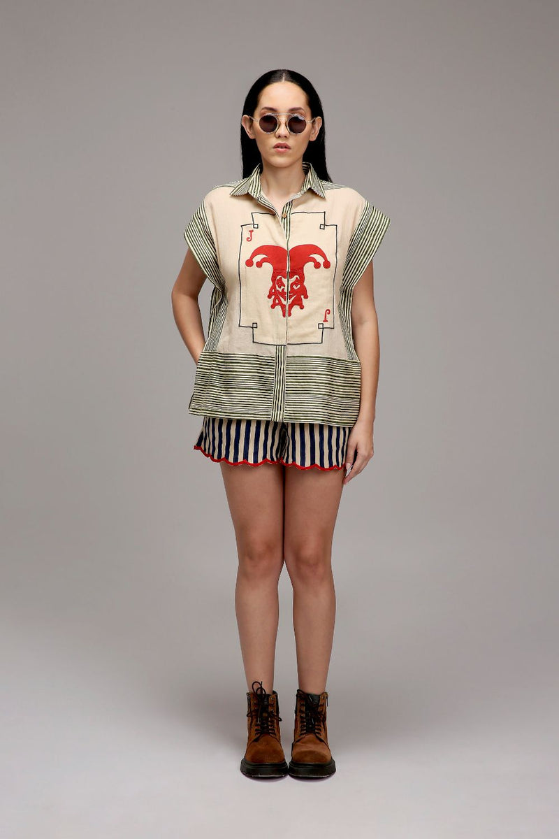 Egg-Shell Blue Striped Scallop Shorts cotton by Mati in white color for women Worldwide
