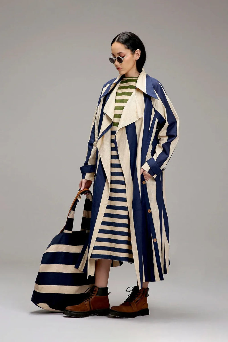 Egg-Shell Blue & Green Dual Stripe Dress Jacket Set (2 PCS) cotton by Mati in white color for women Worldwide