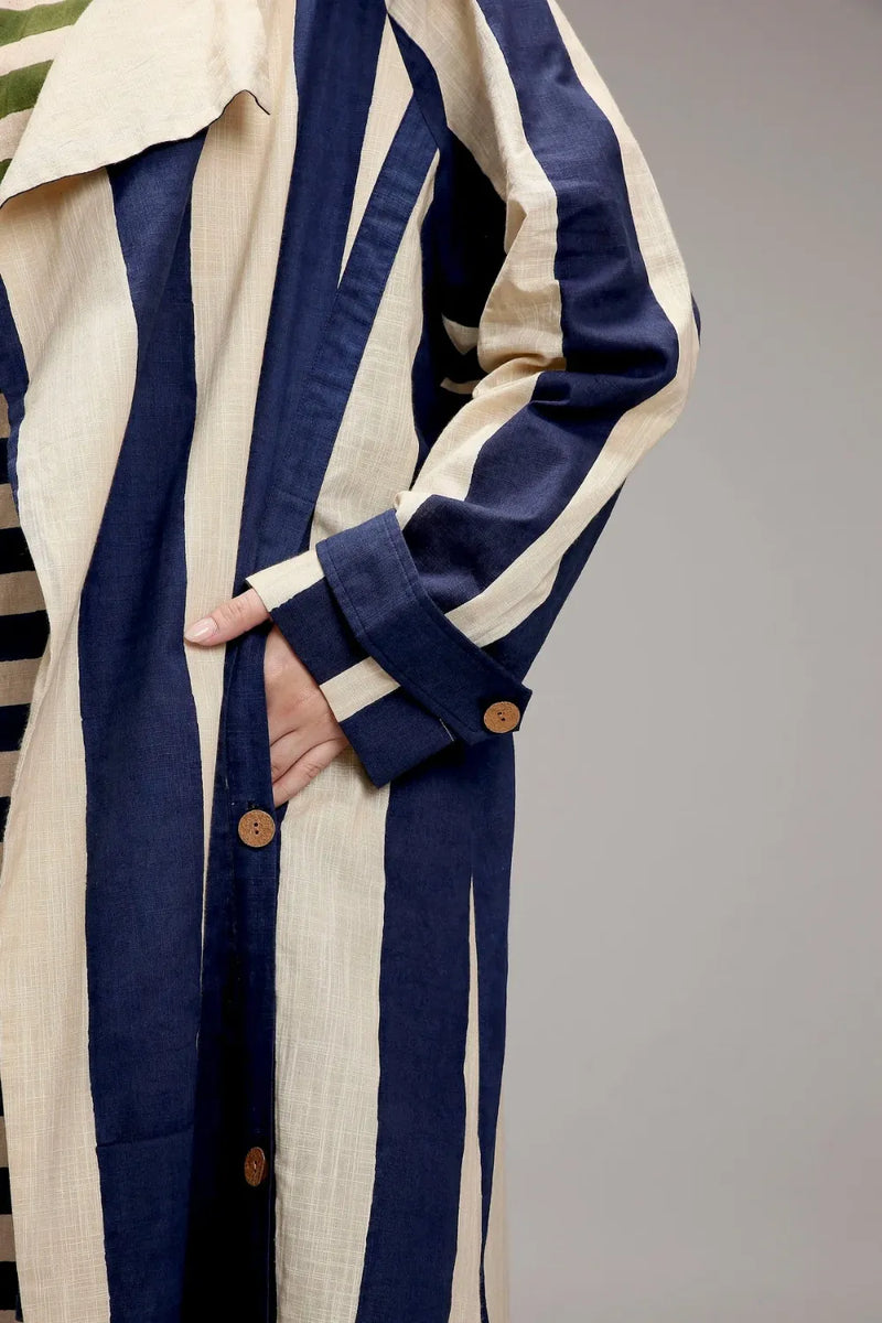 Egg-Shell Blue & Green Dual Stripe Dress Jacket Set (2 PCS) cotton by Mati in white color for women Worldwide