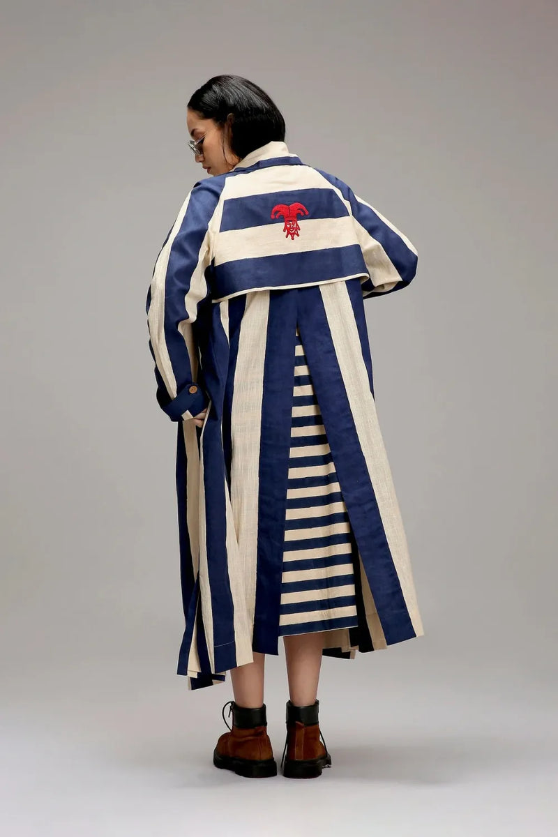 Egg-Shell Blue & Green Dual Stripe Dress Jacket Set (2 PCS) cotton by Mati in white color for women Worldwide