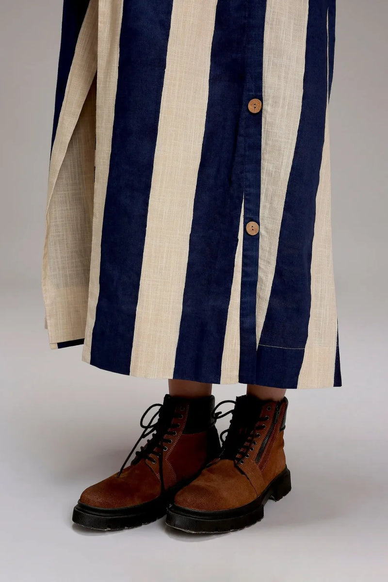 Egg-Shell Blue & Green Dual Stripe Dress Jacket Set (2 PCS) cotton by Mati in white color for women Worldwide