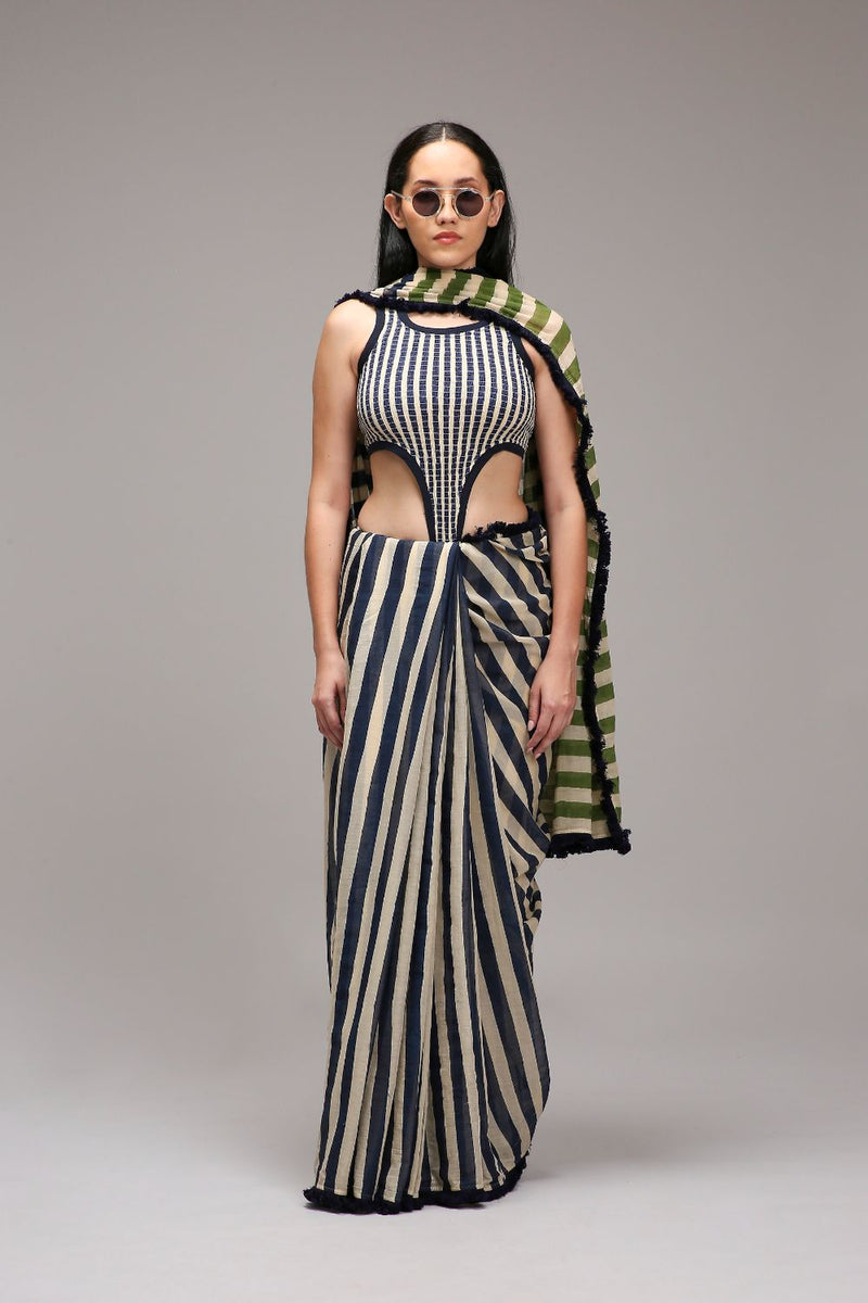 Egg-Shell Bodysuit & Dual Striped Saree Set (2 PCS) cotton by Mati in white color for women Worldwide