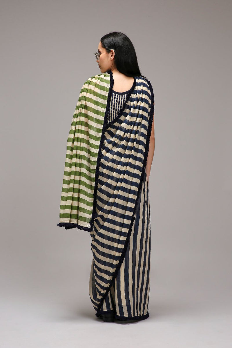 Egg-Shell Bodysuit & Dual Striped Saree Set (2 PCS) cotton by Mati in white color for women Worldwide