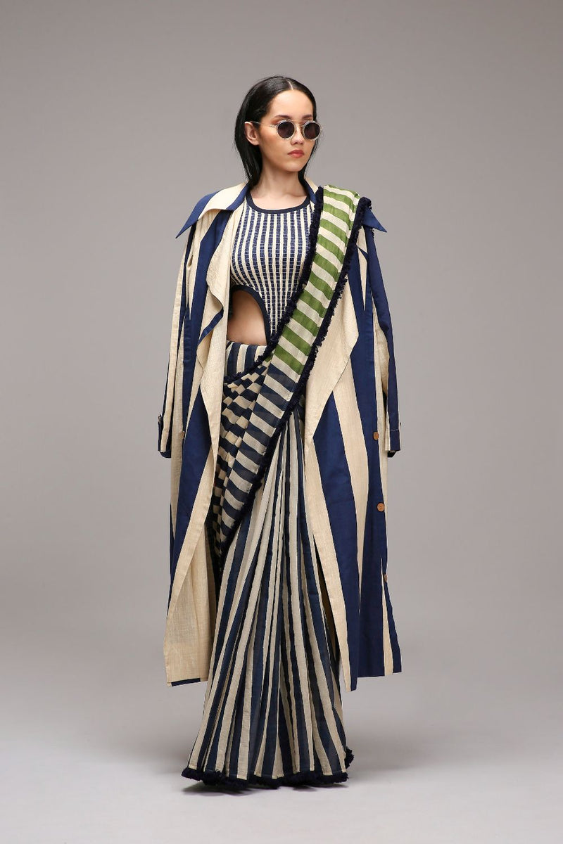 Egg-Shell Bodysuit with Trench & Dual Striped Saree Set (3 PCS) cotton by Mati in white color for women Worldwide
