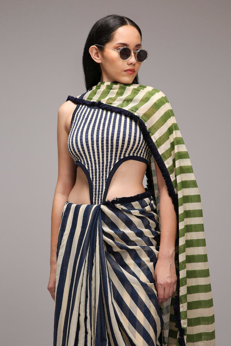Egg-Shell Bodysuit with Trench & Dual Striped Saree Set (3 PCS) cotton by Mati in white color for women Worldwide