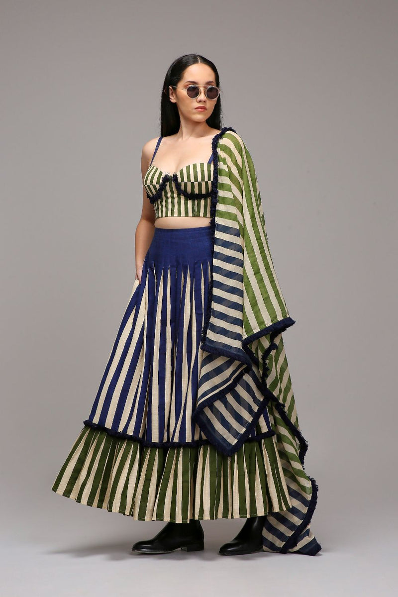 Egg-Shell Corset Dual Striped Stole Skirt Set (3 PCS) cotton by Mati in white color for women Worldwide