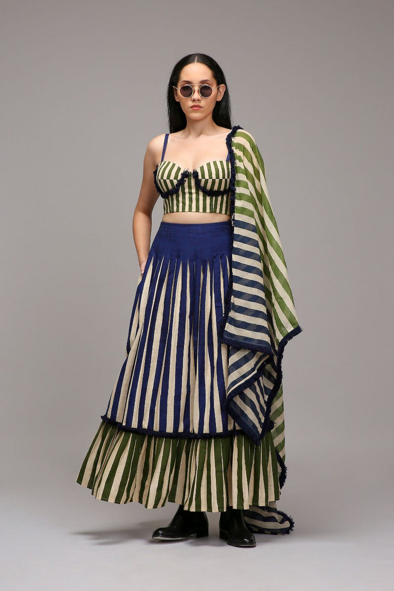 Egg-Shell Corset Dual Striped Stole Skirt Set (3 PCS) cotton by Mati in white color for women Worldwide