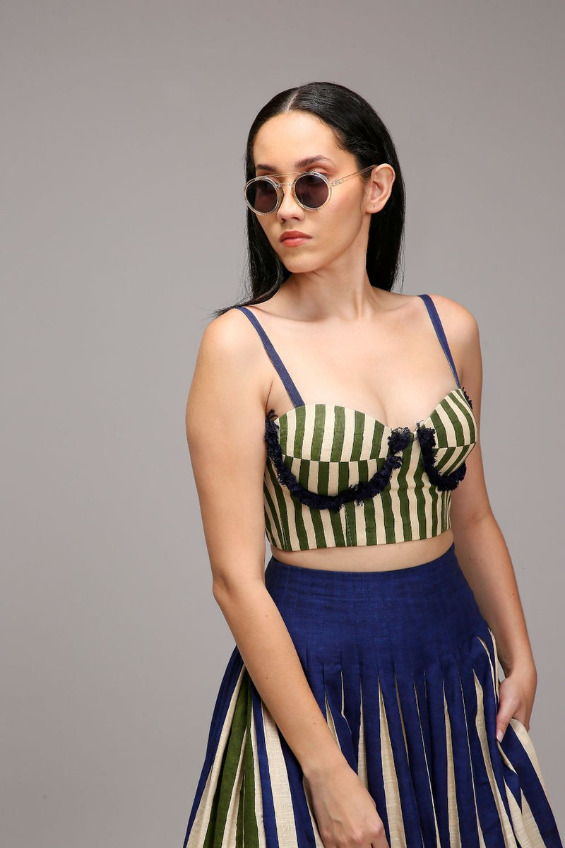 Egg-Shell Corset Dual Striped Stole Skirt Set (3 PCS) cotton by Mati in white color for women Worldwide