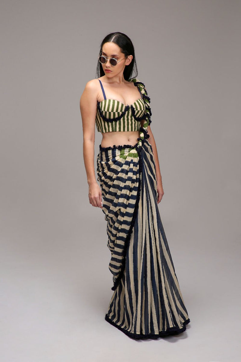 Egg-Shell Corset & Dual Striped Saree Set (2 PCS) cotton by Mati in white color for women Worldwide