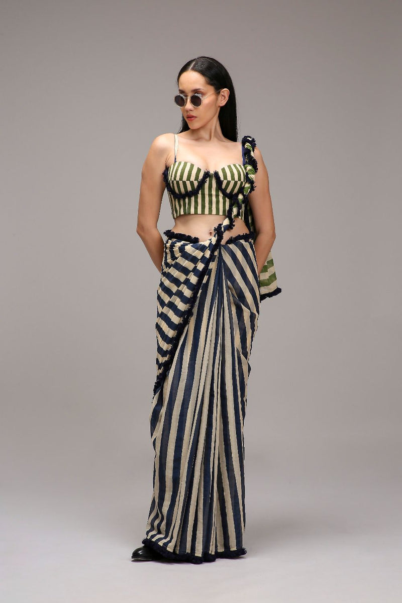 Egg-Shell Corset & Dual Striped Saree Set (2 PCS) cotton by Mati in white color for women Worldwide