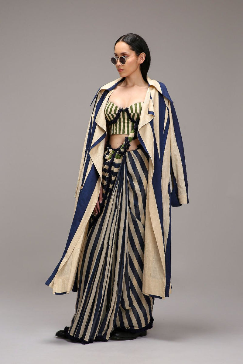 Egg-Shell Corset with Trench & Dual Striped Saree Set (3 PCS) cotton by Mati in white color for women Worldwide