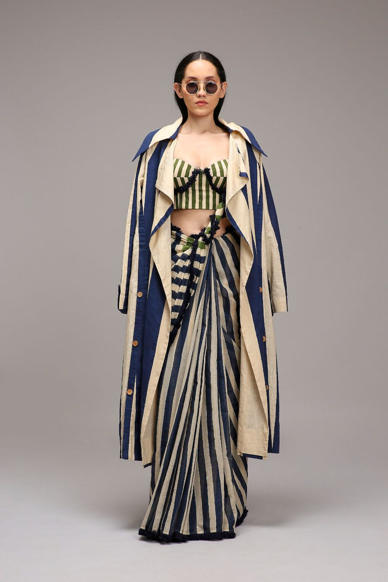 Egg-Shell Corset with Trench & Dual Striped Saree Set (3 PCS) cotton by Mati in white color for women Worldwide