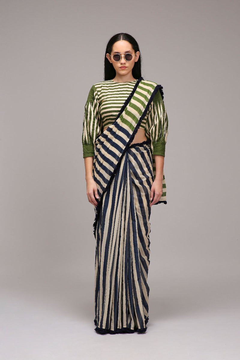 Egg-Shell Crop Top & Dual Striped Saree Set (2 PCS) cotton by Mati in white color for women Worldwide