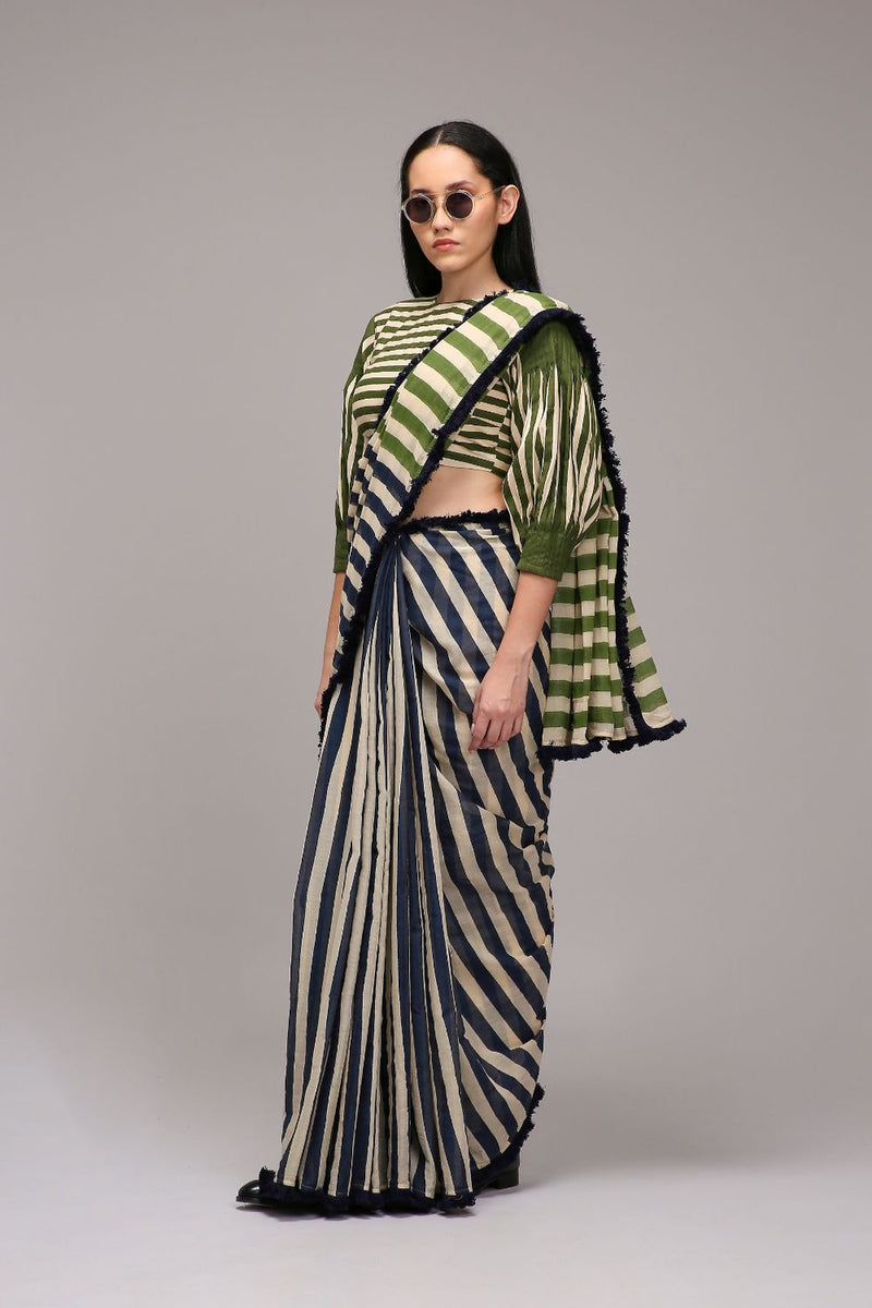 Egg-Shell Crop Top & Dual Striped Saree Set (2 PCS) cotton by Mati in white color for women Worldwide