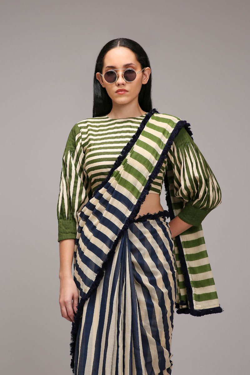 Egg-Shell Crop Top & Dual Striped Saree Set (2 PCS) cotton by Mati in white color for women Worldwide