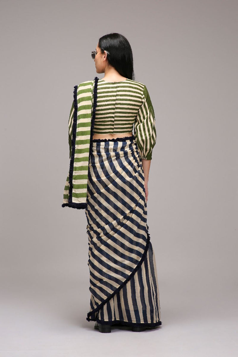 Egg-Shell Crop Top & Dual Striped Saree Set (2 PCS) cotton by Mati in white color for women Worldwide