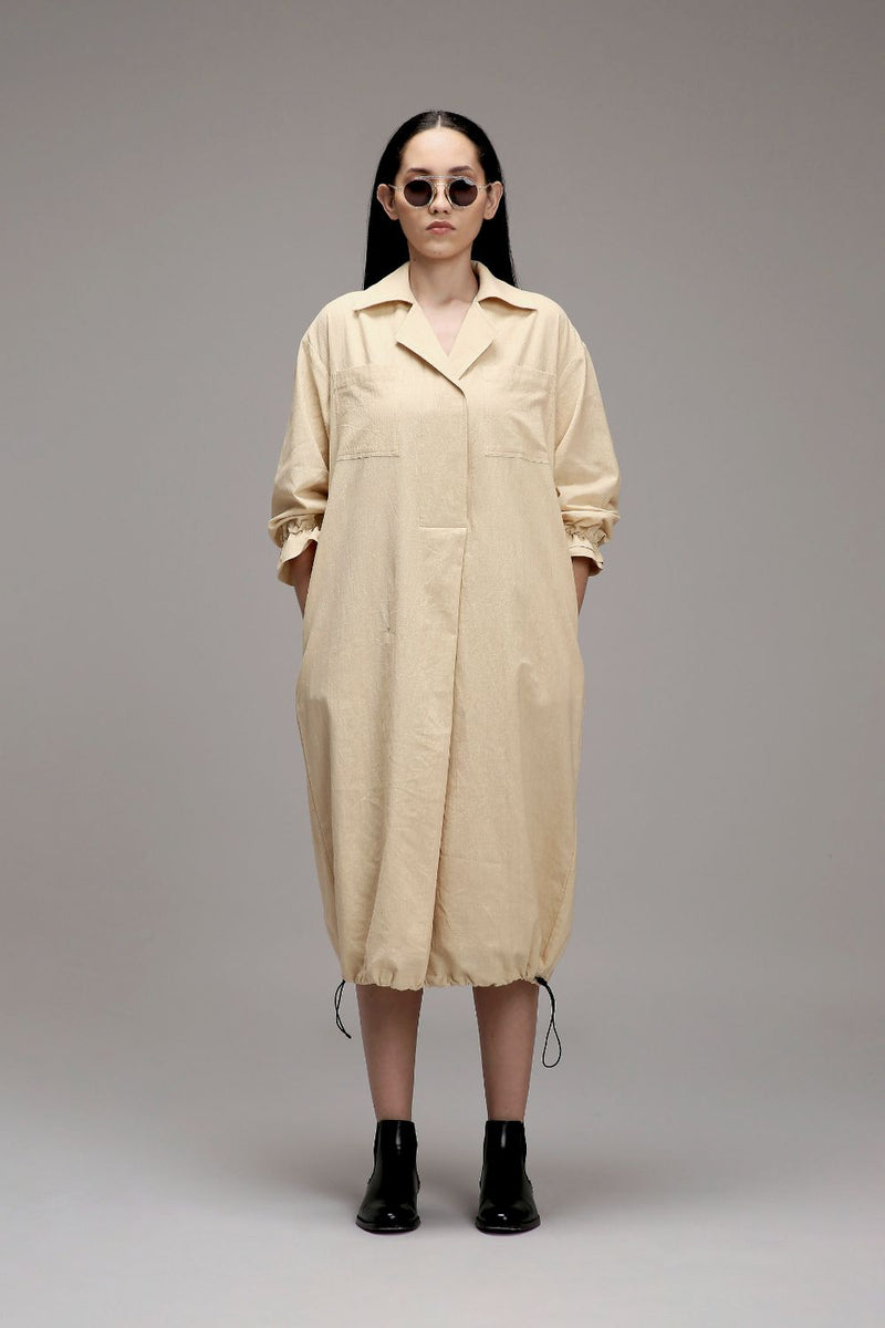 Egg-Shell Elasticated Shirt Dress cotton by Mati in white color for women Worldwide