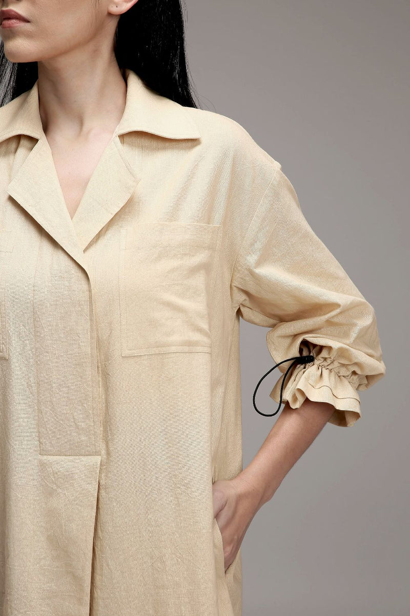 Egg-Shell Elasticated Shirt Dress cotton by Mati in white color for women Worldwide