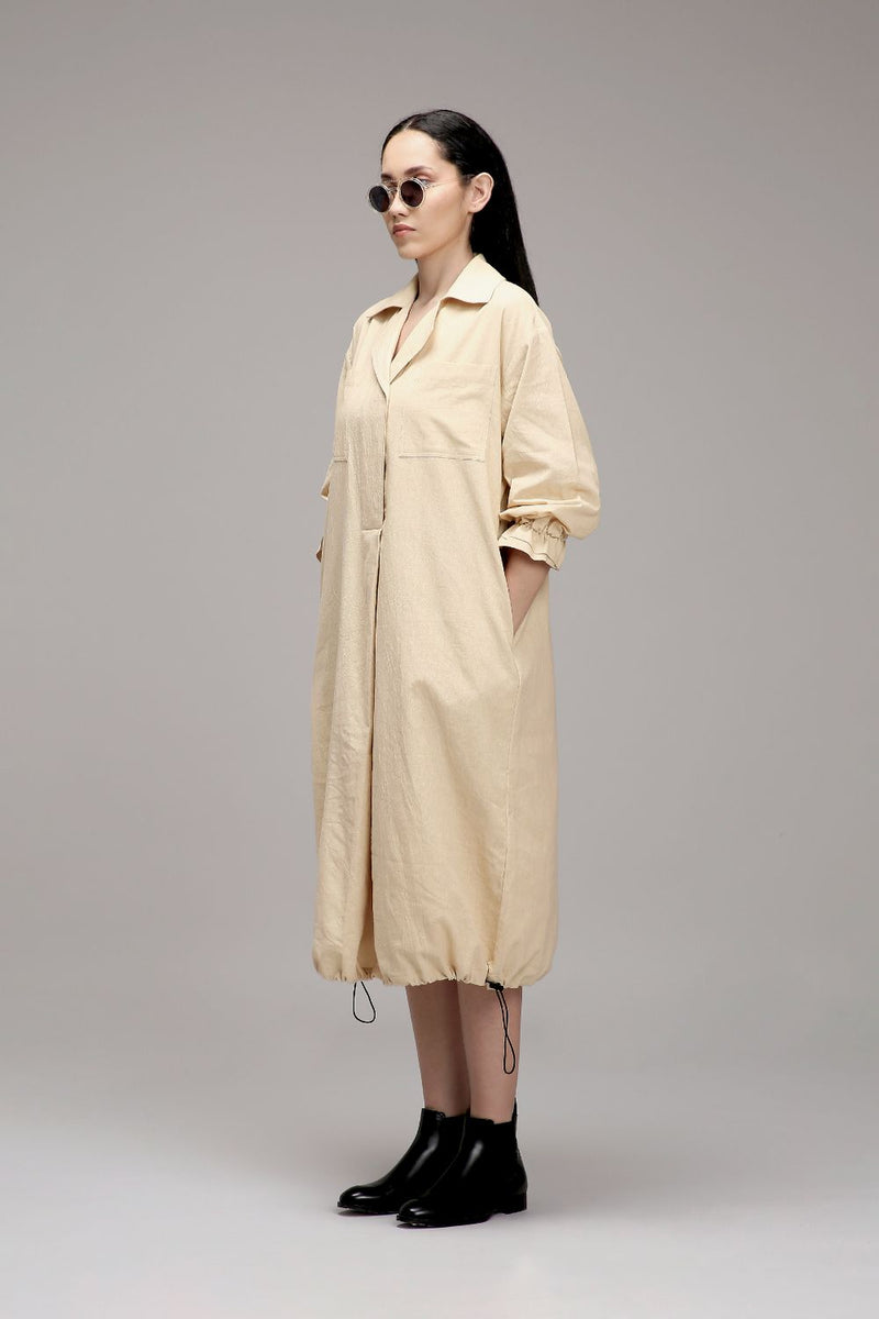 Egg-Shell Elasticated Shirt Dress cotton by Mati in white color for women Worldwide