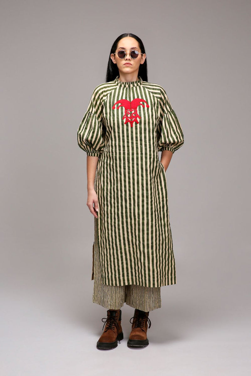 Egg-Shell Green Striped Big Joker Tunic Set (2 PCS) cotton by Mati in white color for women Worldwide