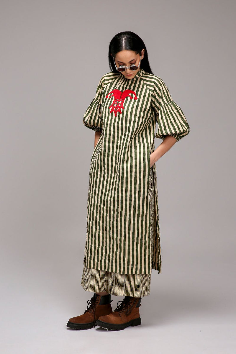 Egg-Shell Green Striped Big Joker Tunic cotton by Mati in white color for women Worldwide