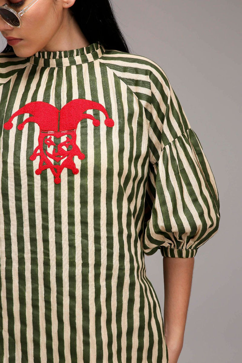 Egg-Shell Green Striped Big Joker Tunic cotton by Mati in white color for women Worldwide