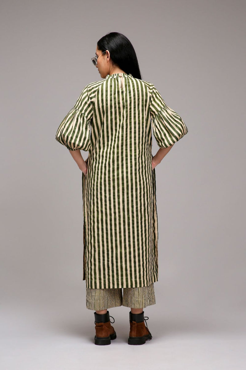 Egg-Shell Green Striped Big Joker Tunic cotton by Mati in white color for women Worldwide