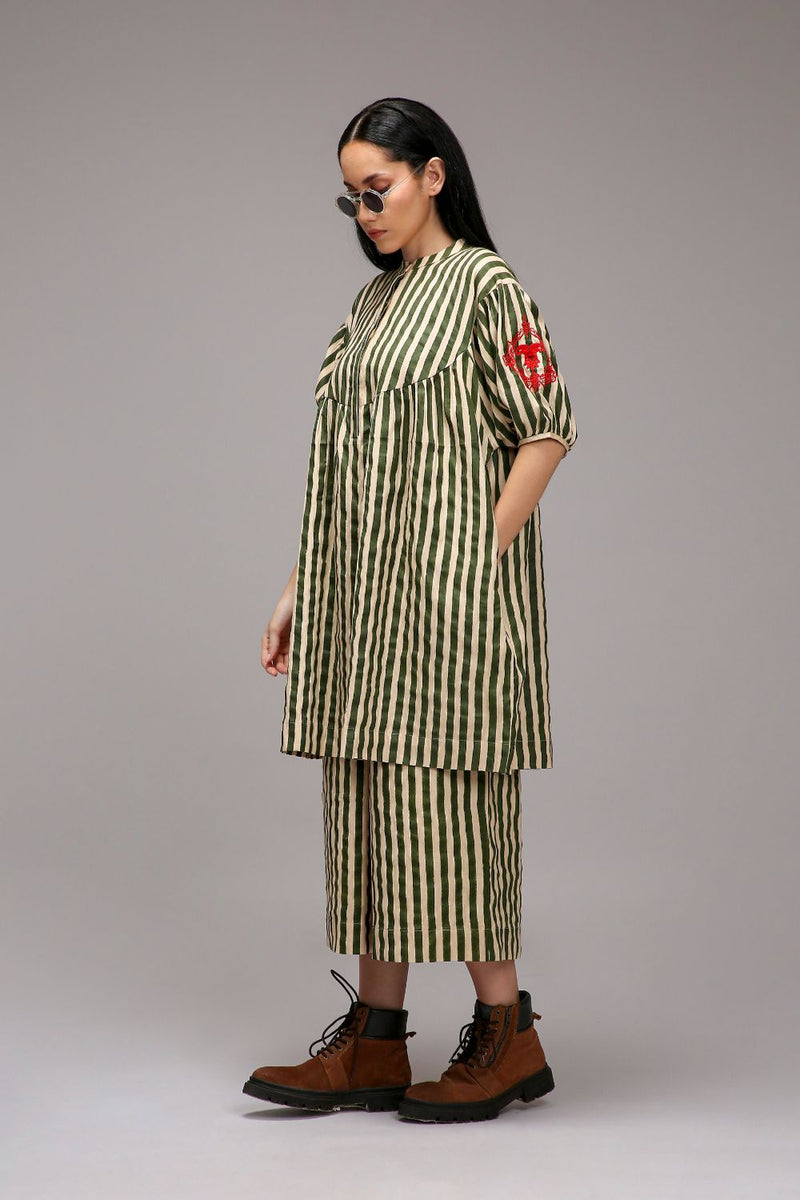Egg-Shell Green Striped Short Acra Tunic cotton by Mati in white color for women Worldwide