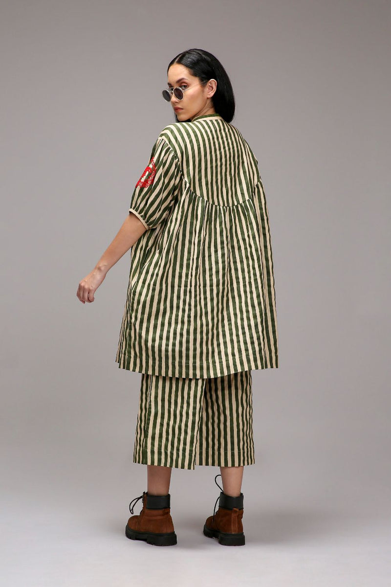 Egg-Shell Green Striped Short Acra Tunic Set (2 PCS) cotton by Mati in white color for women Worldwide