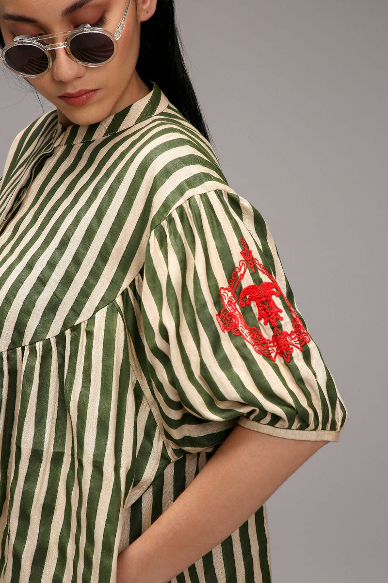 Egg-Shell Green Striped Short Acra Tunic cotton by Mati in white color for women Worldwide