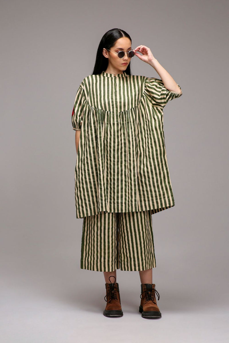 Egg-Shell Green Striped Short Acra Tunic cotton by Mati in white color for women Worldwide