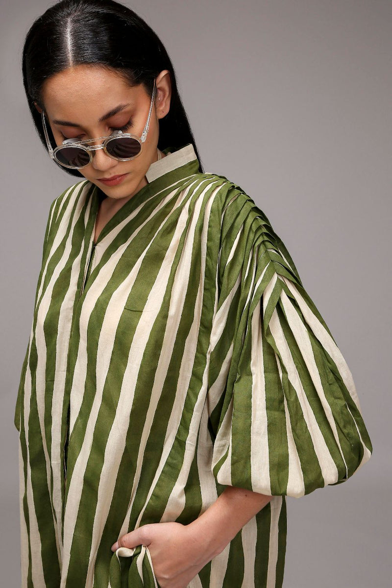 Egg-Shell Green Striped Baha Tunic Set (2 PCS) cotton by Mati in white color for women Worldwide