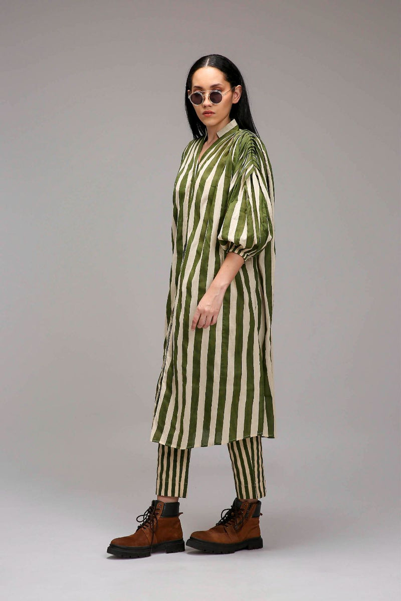 Egg-Shell Green Striped Baha Tunic cotton by Mati in white color for women Worldwide