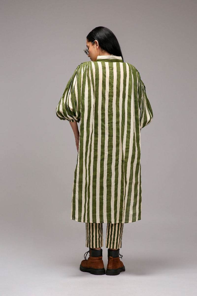 Egg-Shell Green Striped Baha Tunic cotton by Mati in white color for women Worldwide