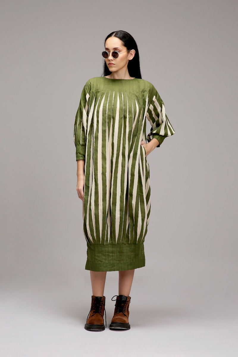 Egg-Shell Green Striped Balloon Dress cotton by Mati in white color for women Worldwide