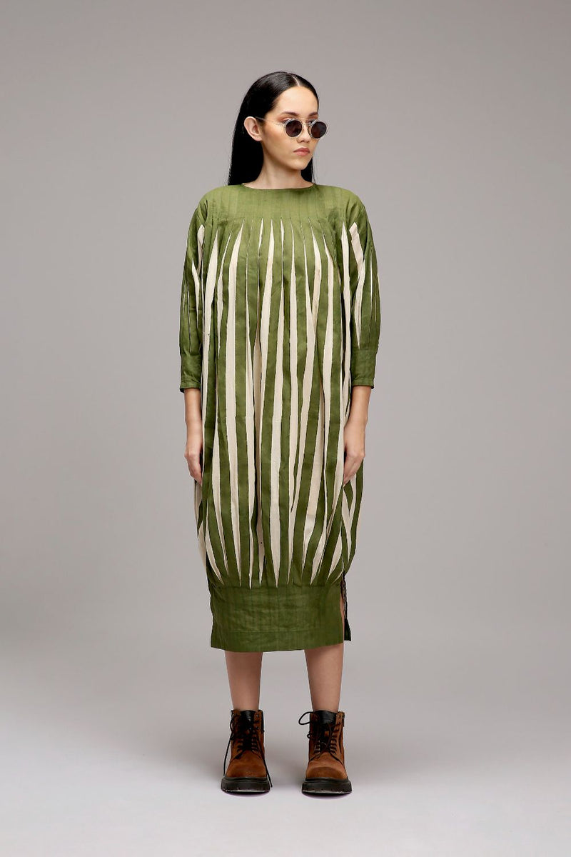 Egg-Shell Green Striped Balloon Dress cotton by Mati in white color for women Worldwide
