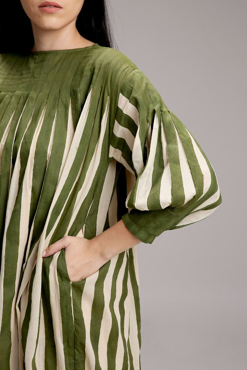 Egg-Shell Green Striped Balloon Dress cotton by Mati in white color for women Worldwide
