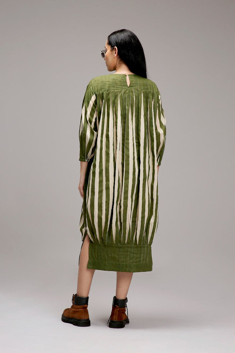 Egg-Shell Green Striped Balloon Dress cotton by Mati in white color for women Worldwide