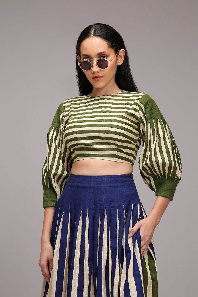 Egg-Shell Green Striped Crop Top cotton by Mati in white color for women Worldwide